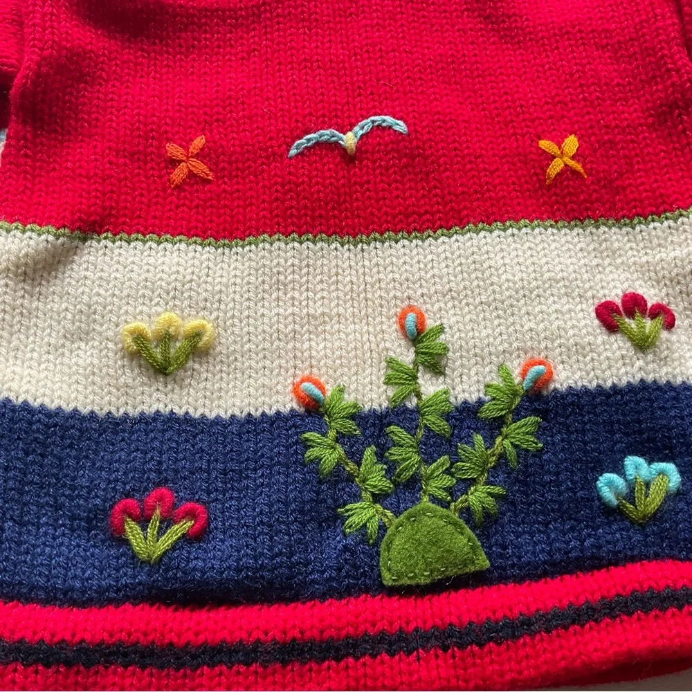 Peruvian Knit Embroidered Hooded Zip Up Red Sweater Animals Sun Toddler Sz 2